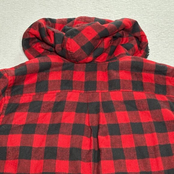 LL Bean Relaxed Fit Flannel Shacket Sherpa Lined Red/Black Plaid Hoodie Medium - Picture 10 of 12